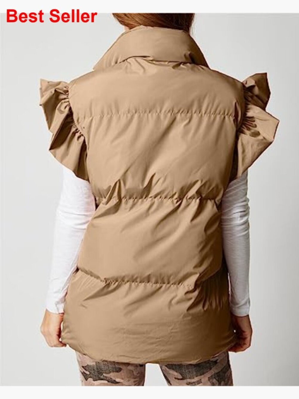 Polyester Puffer Vest with Ruffle Sleeves, Pockets, Button Down - Picture 5 of 7